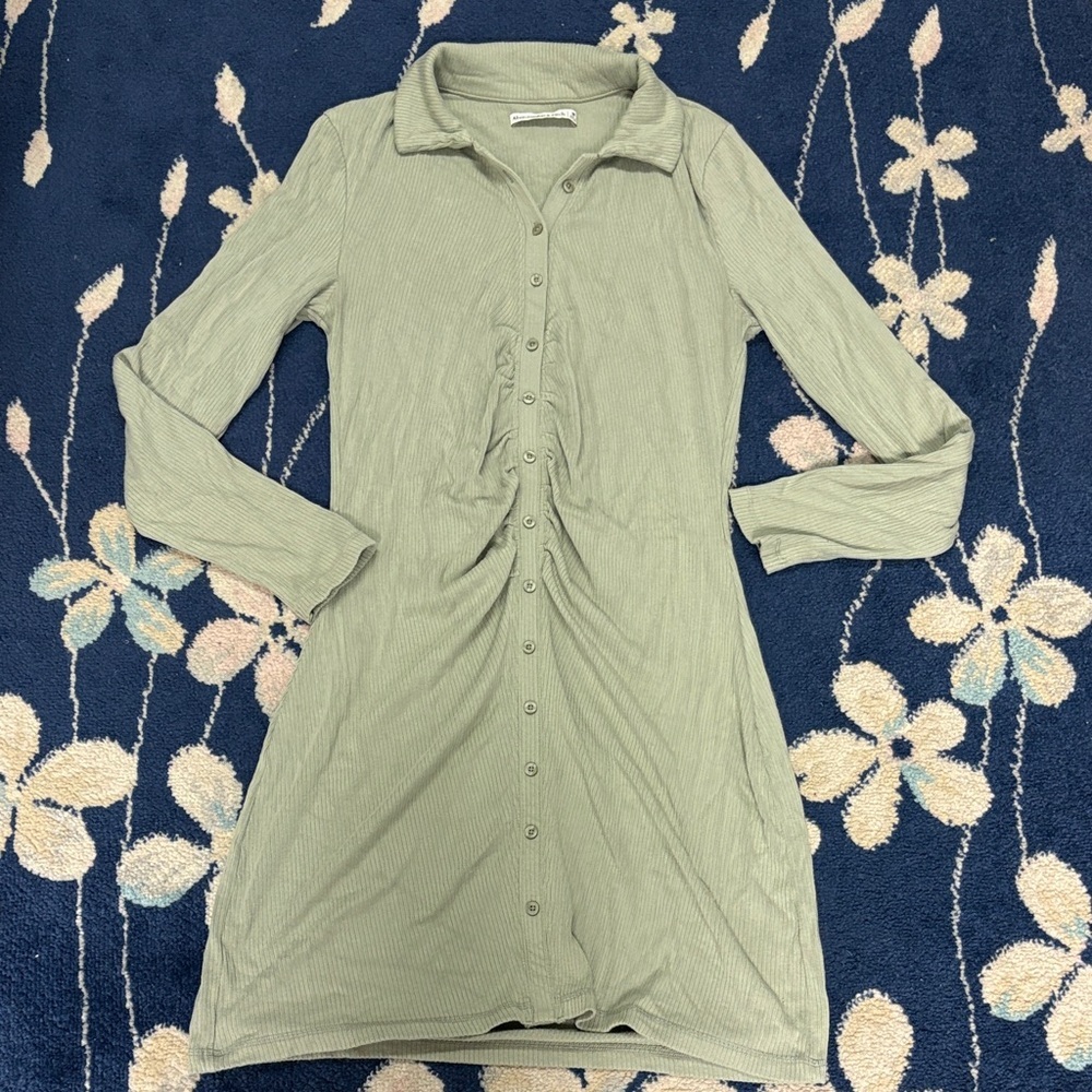 Abercrombie & Fitch sage green ribbed button front mini dress long sleeve